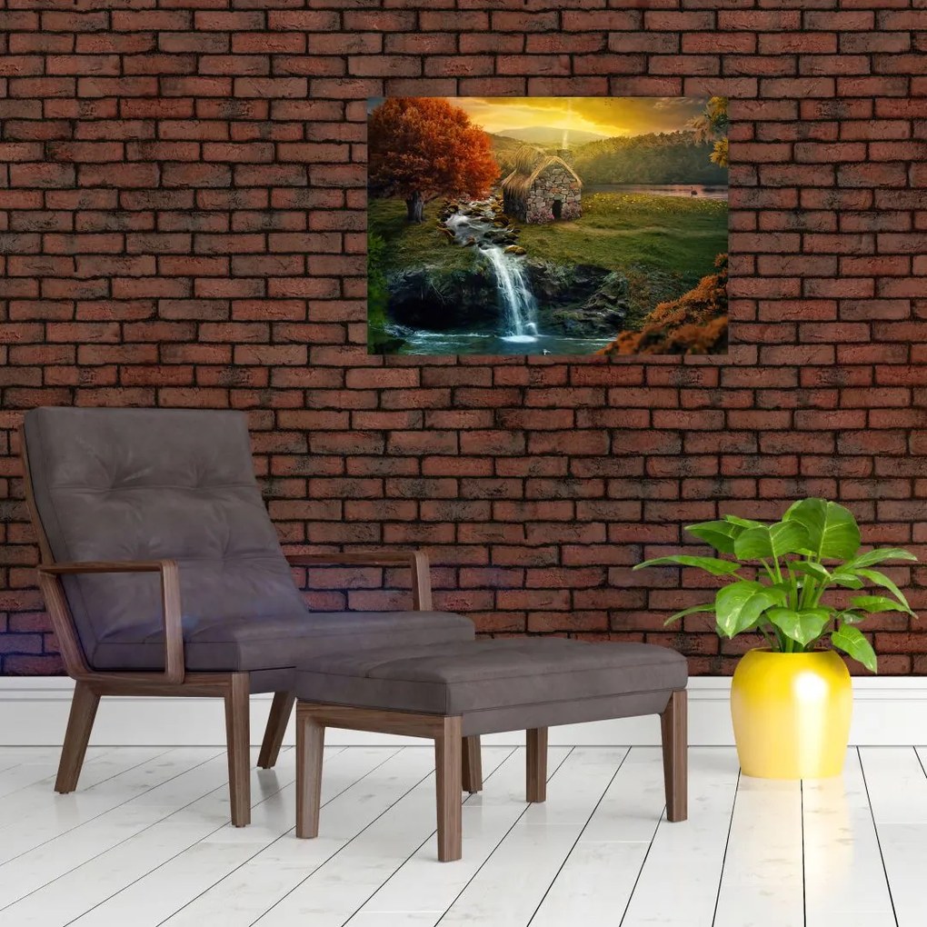 Tablou cu căbănuță în peisaj de poveste (70x50 cm)