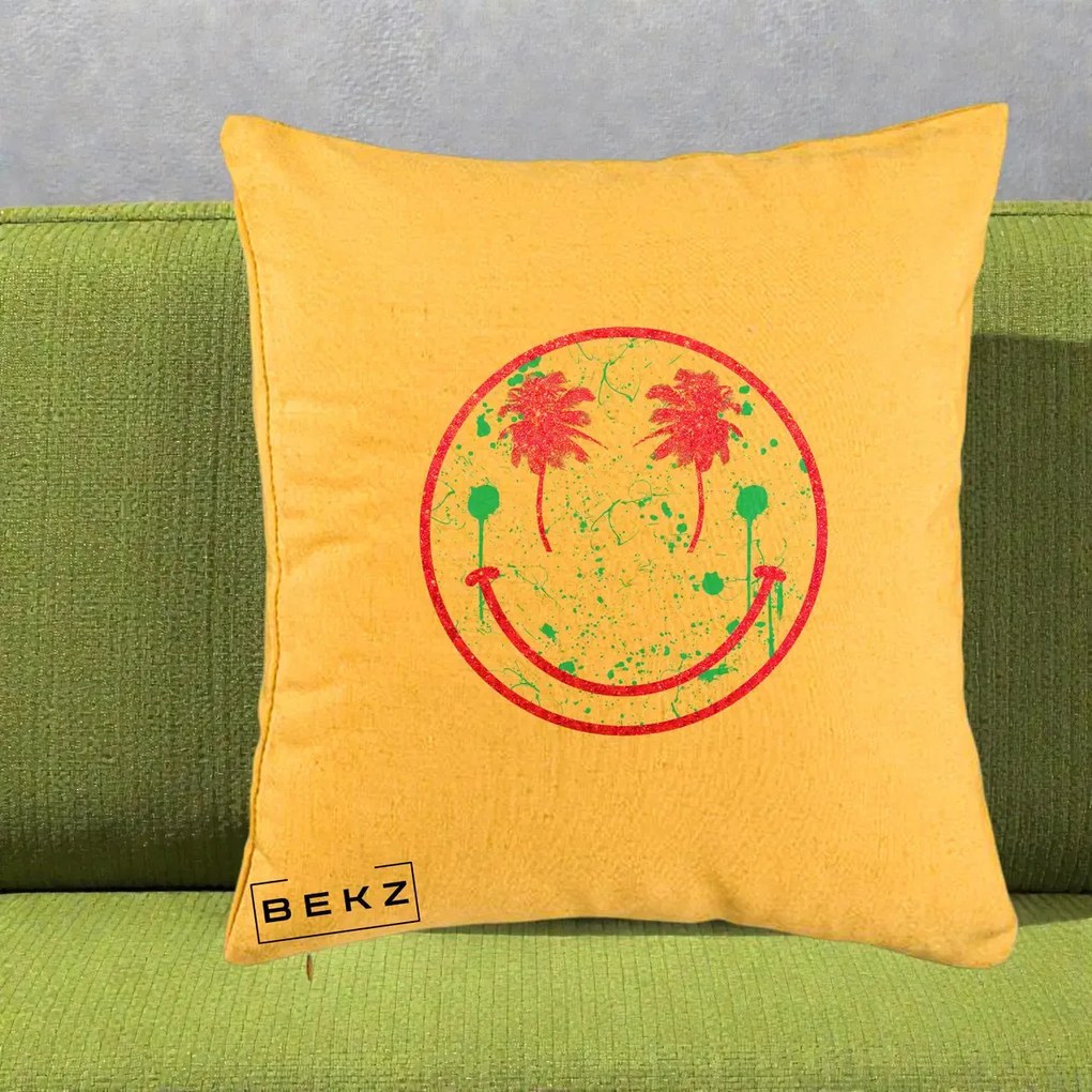 Perna Decorativa Smiley Face Tropical Glitter Roz, 40x40 cm, Galben, Husa Detasabila, Perna Inclusa, BEKZ®