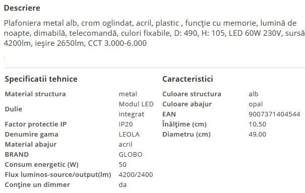 Plafoniera LED moderna cu telecomanda LEOLA 60W