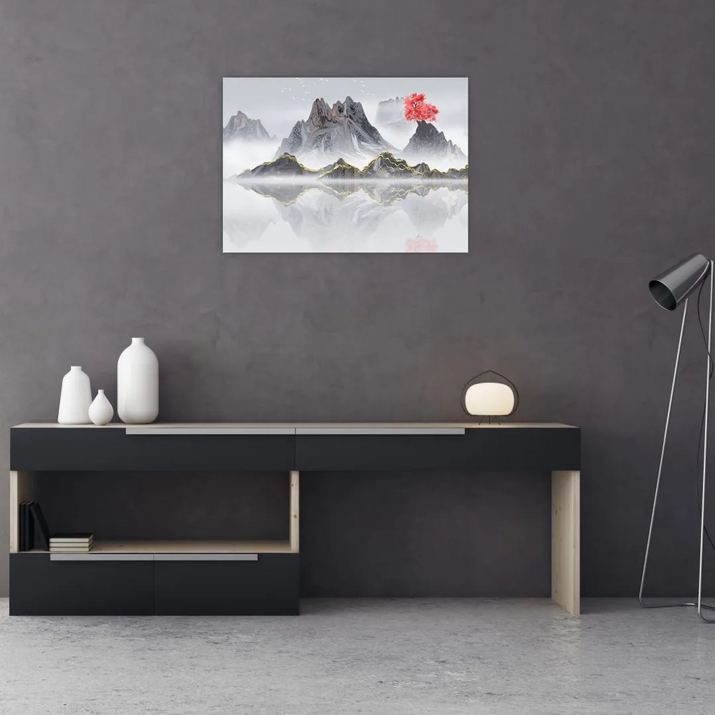 Tablou pe sticlă - Munții în ceață (70x50 cm)