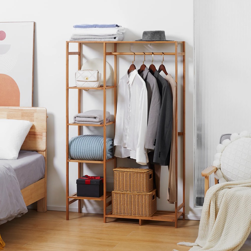 HOMCOM Suport pentru Haine din Bambus cu Rafturi pe 6 Niveluri și Bară pentru Haine, Stender pentru Dormitor și Hol, Design Modern, 90x30x145 cm, Lemn Natural | Aosom Romania