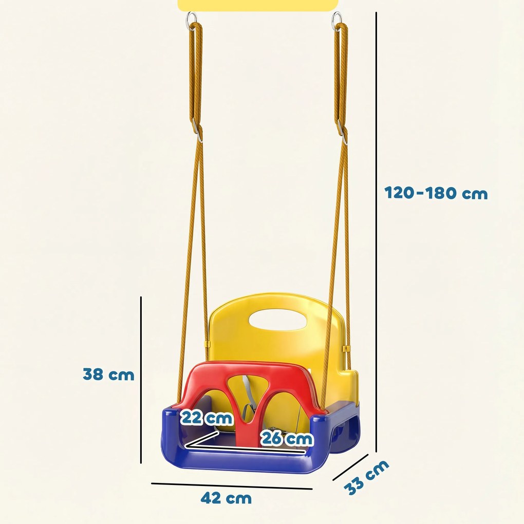 Outsunny Leagăn pentru Copii 3 în 1 de Interior și Exterior, Leagăn de Grădină pentru Bebeluși și Copii 9-36 Luni, Frânghie Reglabilă 120-180 cm și Centură de Siguranță, 42x33x120-180 cm, Albastru | Aosom Romania