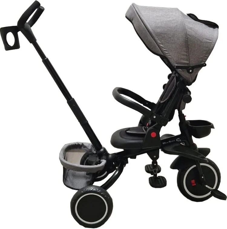 Tricicleta pliabila cu copertina Baby Care™ Folding Trike, Roti din spuma cauciucata EVA, Pedale si maner pentru parinti, Scaun reversibil cu rotire