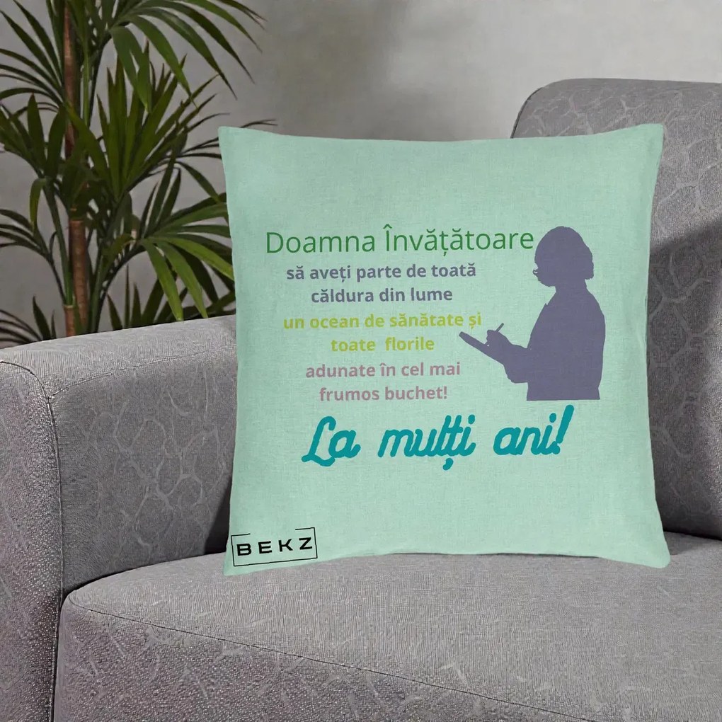 Perna personalizata invatatoare: Doamna invatatoare, La multi ani, 40x40 cm cu Umplutura, Verde Menta, BEKZ