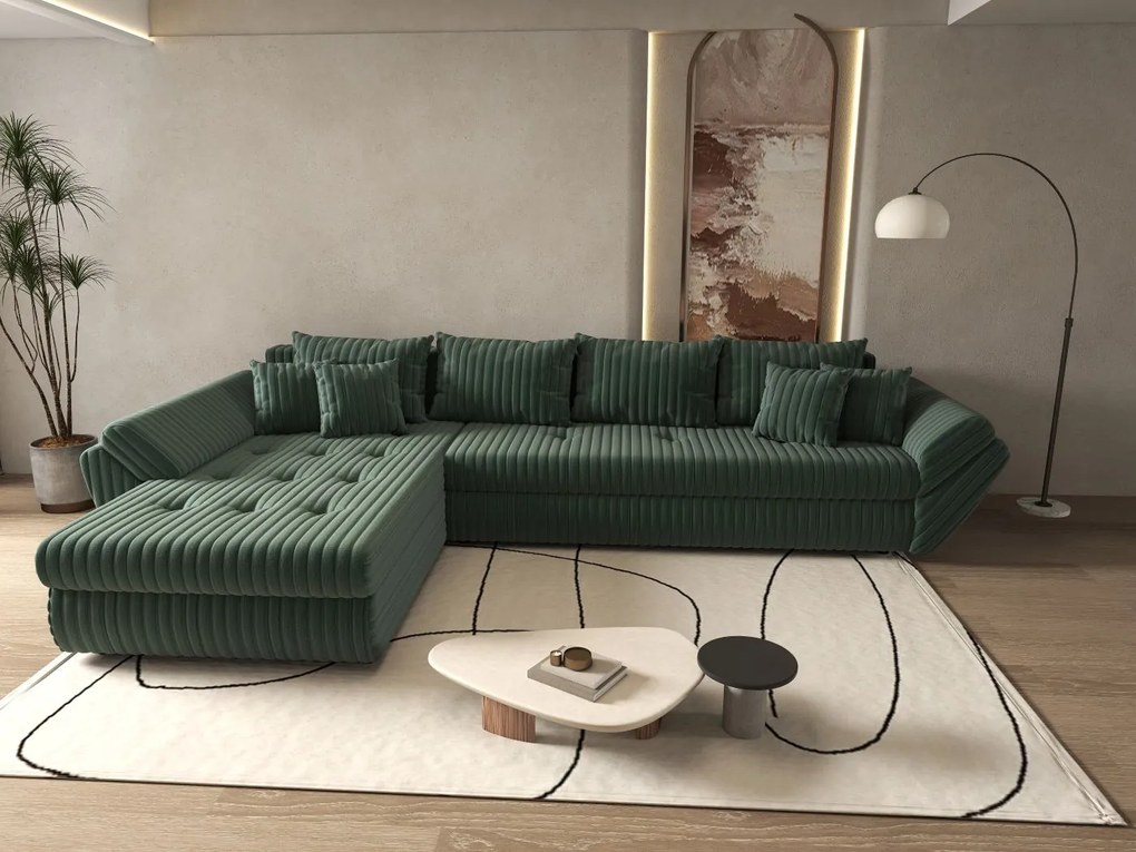 Colțar extensibil dumonde cu ladă de depozitare si sezut confortabil din spuma high-density, Loana XL Ambience Verde 335x185 cm