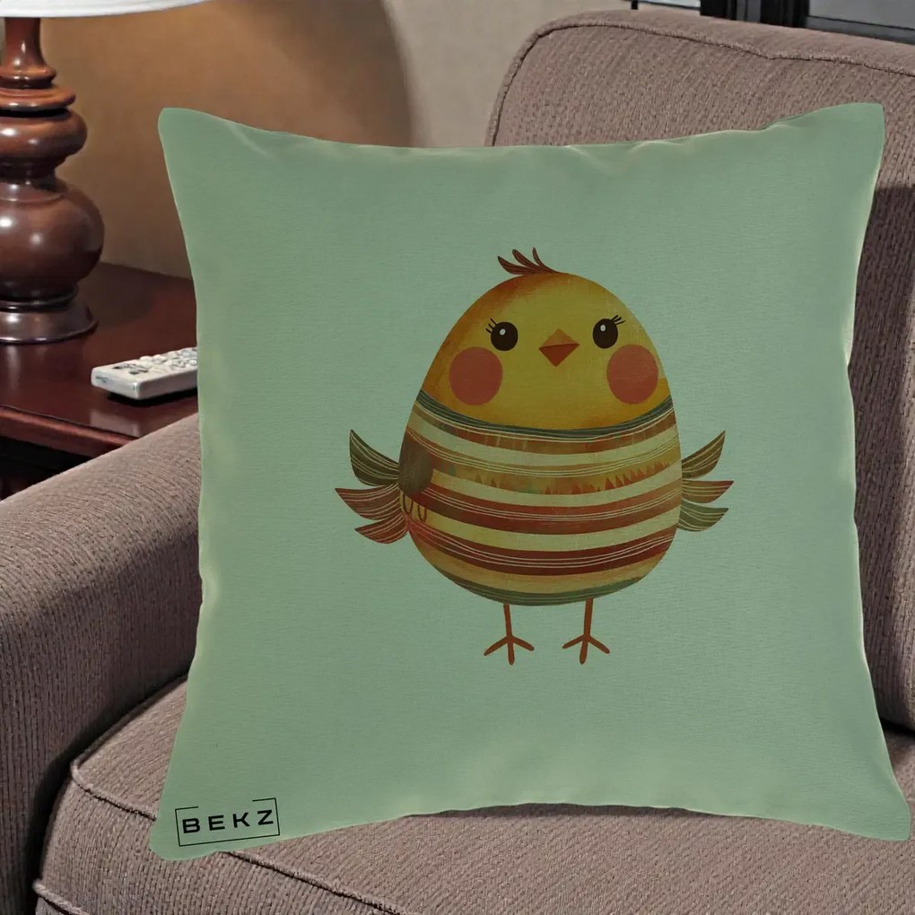 Perna Decorativa Pui Kawaii Portocaliu Dungi Calde, 40x40 cm, Verde, Husa Detasabila, Perna Inclusa, BEKZ®