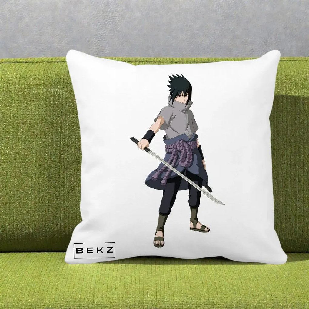 Perna Personalizata Naruto Sasuke Uchiha cu Sabia, 40x40 cm, Alba Mata, Husa Detasabila, Perna Inclusa, BEKZ®