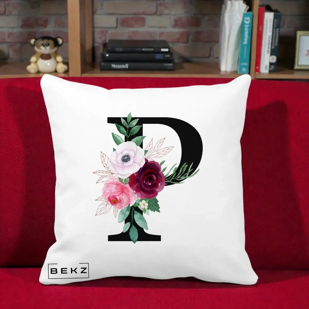 Cadou Personalizat - Perna Personalizata Monograma Florala Litera P, 40x40 cm, Alba Mata, Husa Detasabila, Perna Inclusa, BEKZ®
