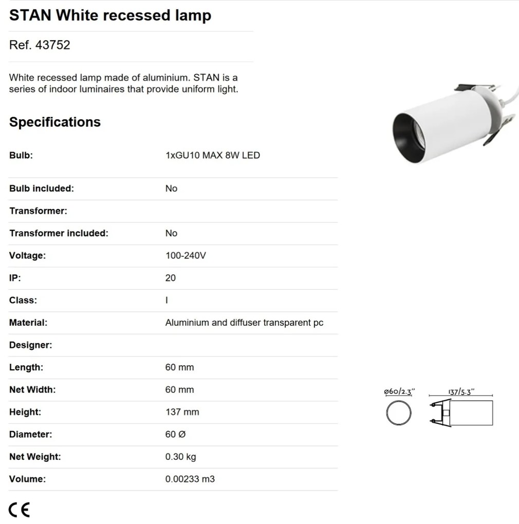 Spot incastrabil tavan / perete design modern STAN alb