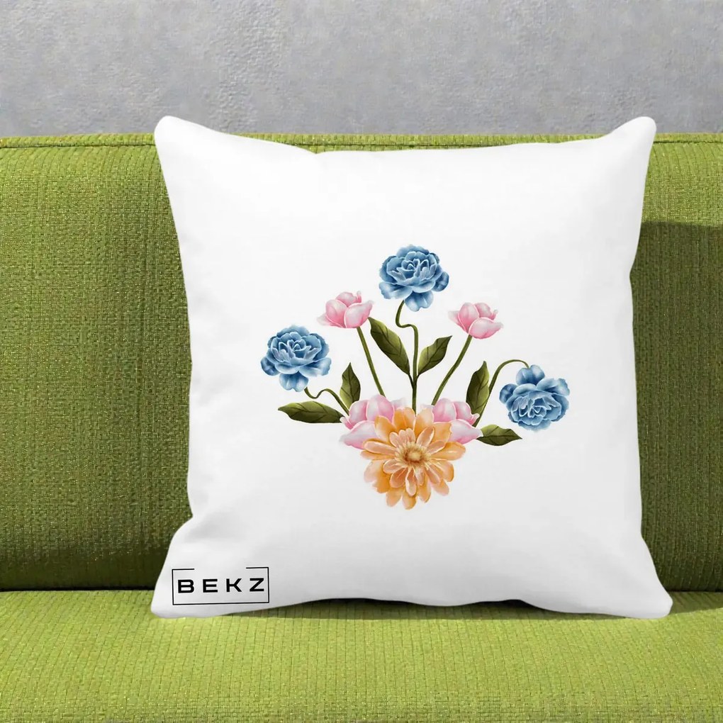 Perna Decorativa Buchet Primavara Acuarela, 40x40 cm, Alba Mata, Husa Detasabila, Perna Inclusa, BEKZ®