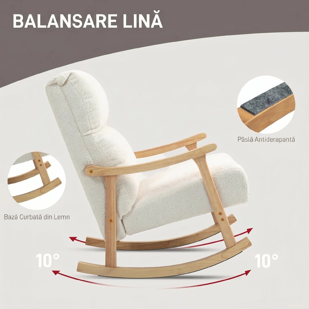 HOMCOM Scaun Balansoar Tapițat din Catifea Teddy, cu Spătar Ergonomic și Picioare din Lemn de Cauciuc,  Alb crem | Aosom Romania