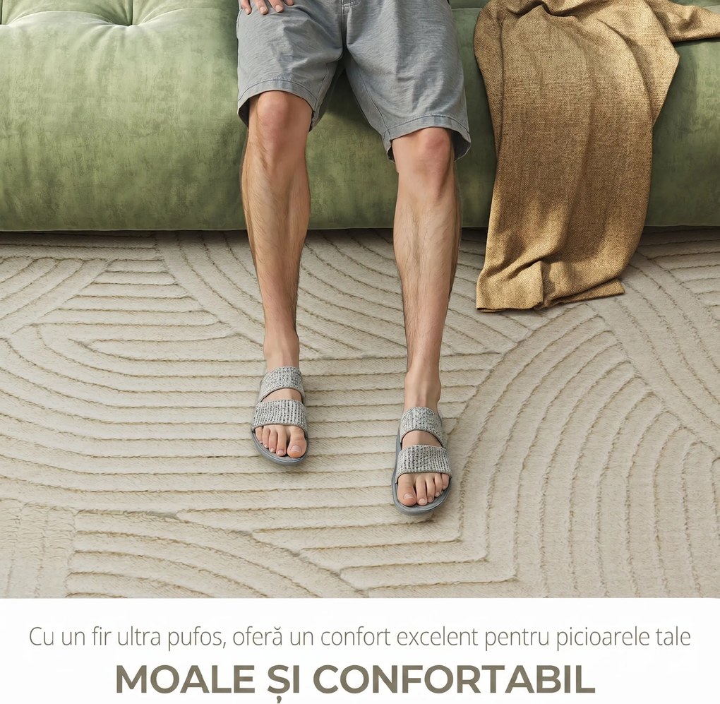 HOMCOM Covor Modern Antiderapant din Poliester și Bumbac cu Design Liniar, pentru Living, Dormitor, Crem | Aosom Romania