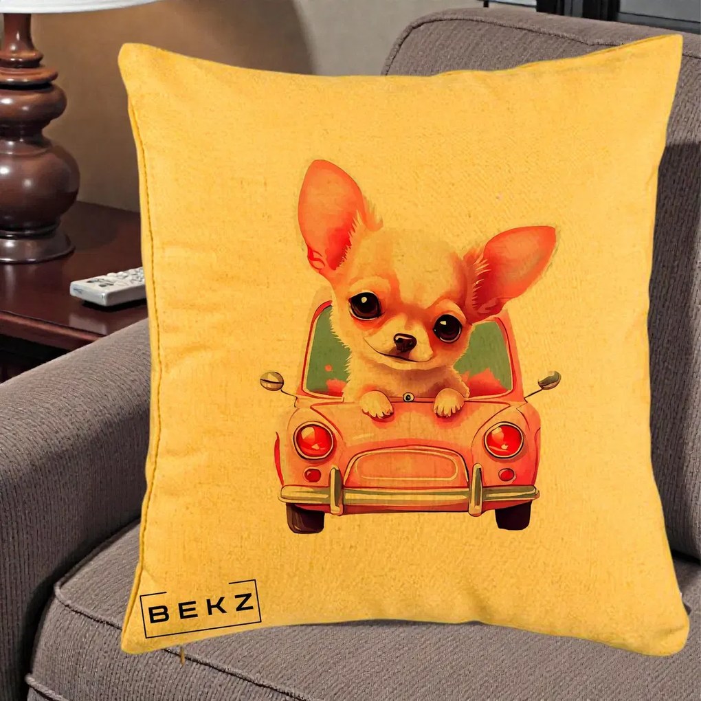 Perna Decorativa Chihuahua Roz in Masinuta, 40x40 cm, Galben, Husa Detasabila, Perna Inclusa, BEKZ®
