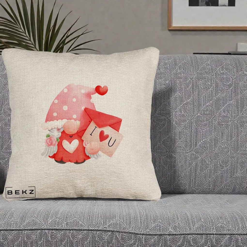 Cadou Romantic - Perna Personalizata I Love You Gnome Valentine cu Scrisoare, 40x40 cm, Bej Canapea, Husa Detasabila, Perna Inclusa, BEKZ®