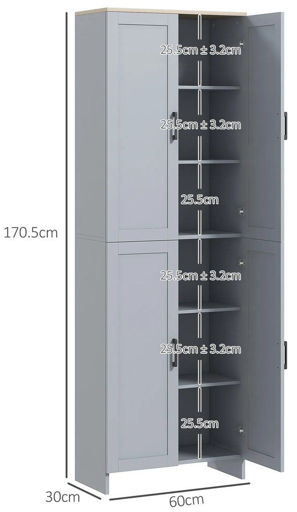 HOMCOM Dulap de bucătărie înălțime 170 cm bufet înalt cu 4 uși și rafturi reglabile, design modern, gri | Aosom Romania