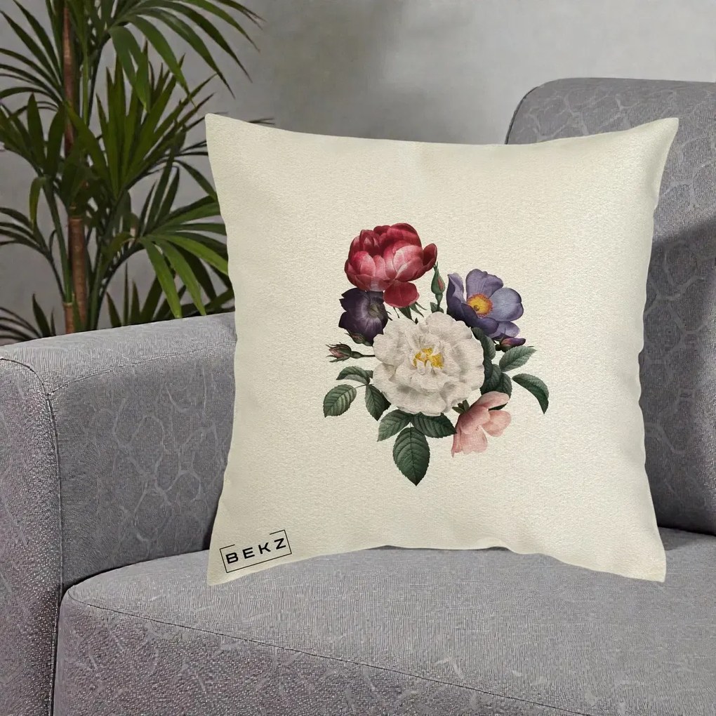 Perna Decorativa Buchet Trandafiri Bujori Botanical, 40x40 cm, Ecru, Husa Detasabila, Perna Inclusa, BEKZ®