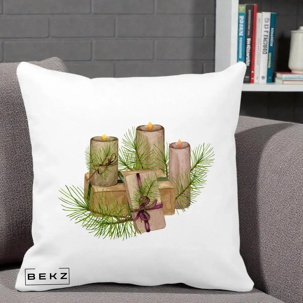 Perna Decorativa Lumanari cu Cadouri Naturale, 40x40 cm, Alba Mata, Husa Detasabila, Perna Inclusa, BEKZ®