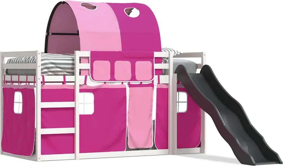 vidaXL Pat supraetajat cu tobogan și perdele, roz, 90x190 cm