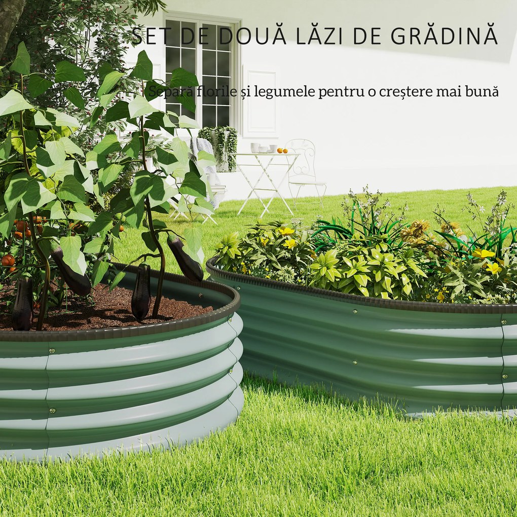 Outsunny Set de 2 Jardiniere Înălțate Modulare, Ghivece de Grădină cu Margine din Cauciuc, Fund Deschis, Jardiniere Înălțate din Oțel Galvanizat pentru Plante Aromatice, Fructe, Legume și Flori, 135x90x30 cm, Verde | Aosom Romania