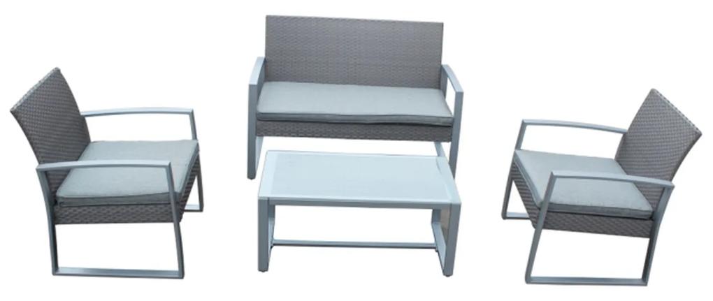 Set masa dreptunghiulara  cu 2 scaune + 1 canapea cu perne de culoare gri