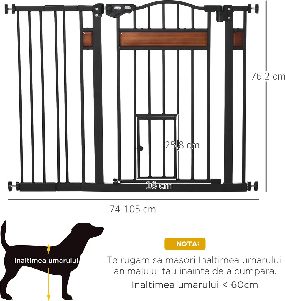 PawHut Poartă de Siguranță pentru Câini cu Închidere Automată 74-105x76.2 cm Neagră | Aosom Romania