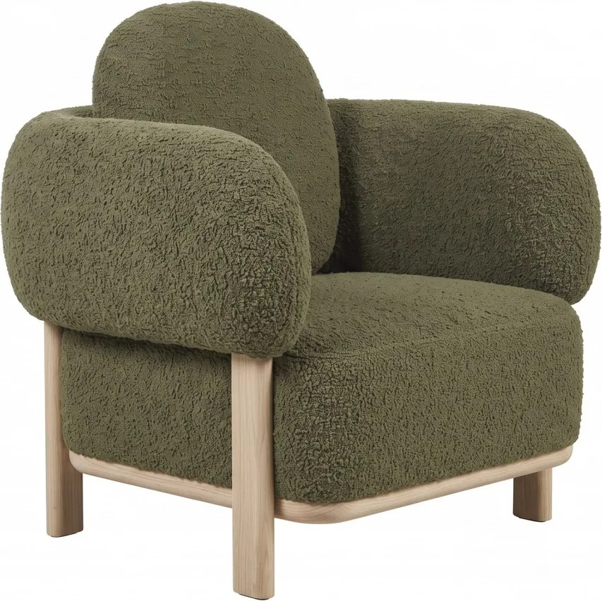 Fotoliu din bumbac bouclé, verde închis, volume rotunjite pe cadru din lemn masiv, 69 x 92 x 79 cm, „Nîmes”