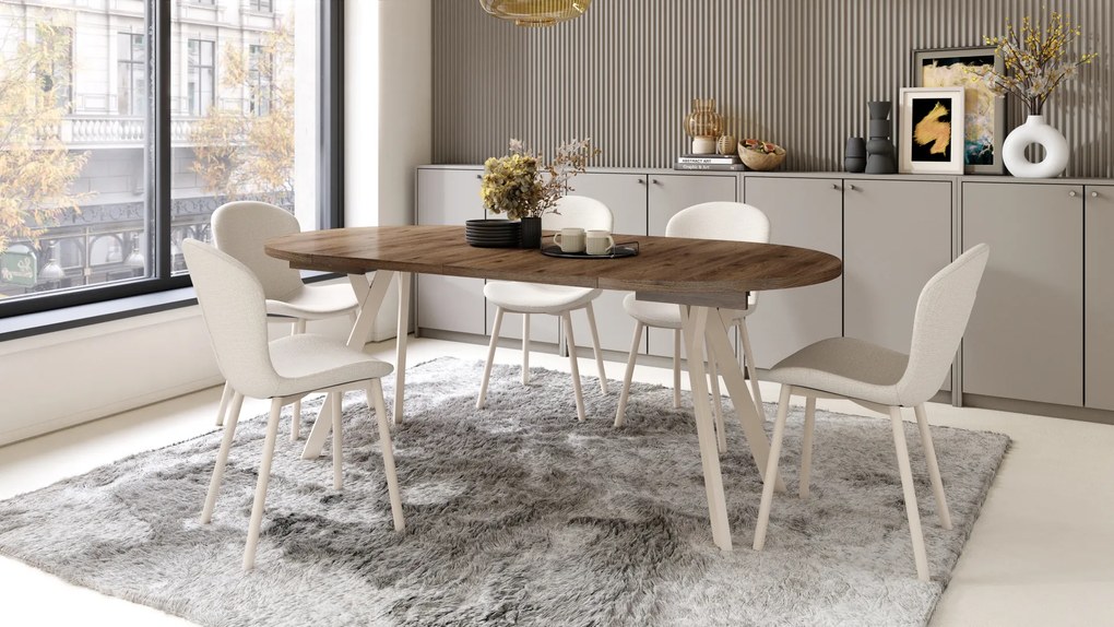 Mazzoni ALDO Nuc Elegant/picioare bej - MASĂ ROTUNDĂ EXTENSIBILĂ CU PICIOARE ÎN FORMĂ DE Y STIL LOFT PENTRU SALON/SUFRAGERIE