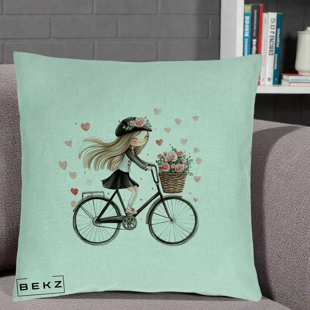 Perna Decorativa Fetita Kawaii pe Bicicleta cu Trandafiri si Inimioare, 40x40 cm, Verde Menta, Husa Detasabila, Perna Inclusa, BEKZ®