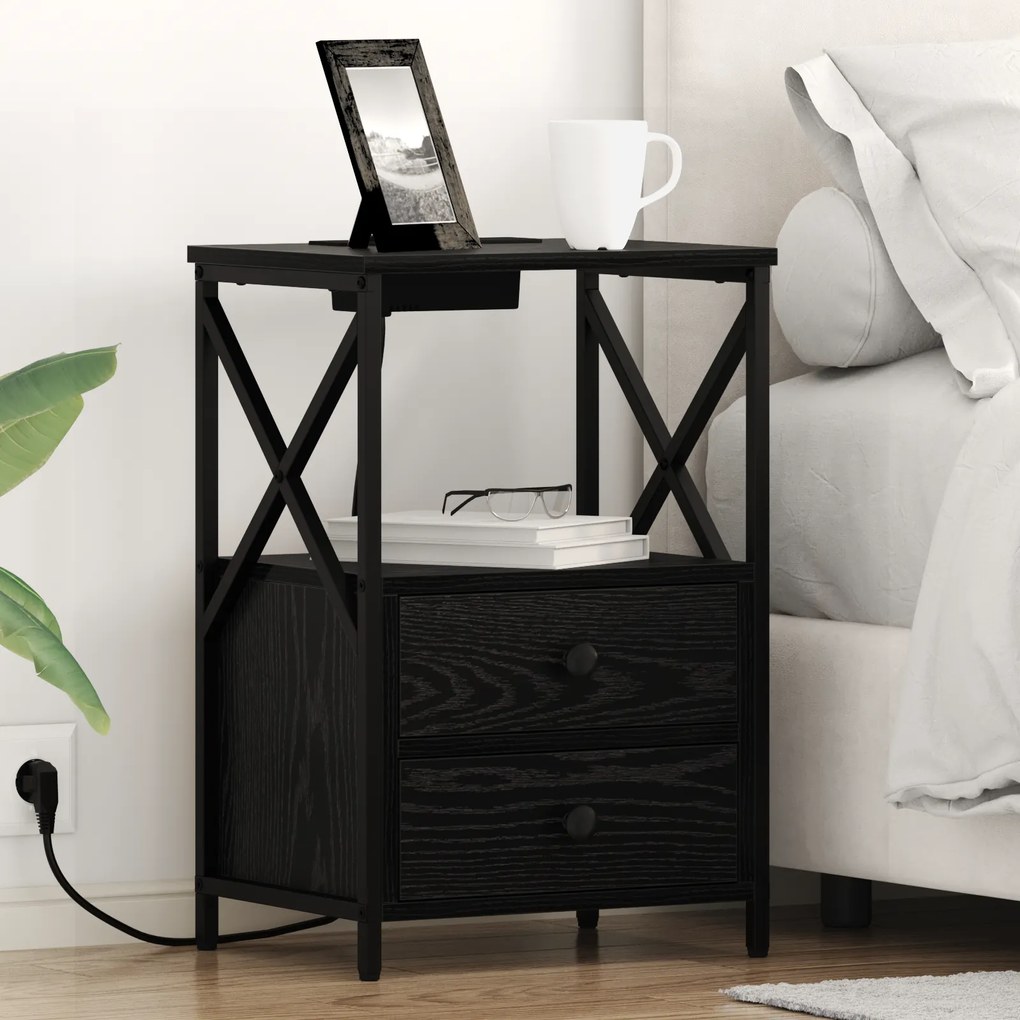 vidaXL Cabinet de noptiere cu stație de încărcare 2 pcs Stejar negru