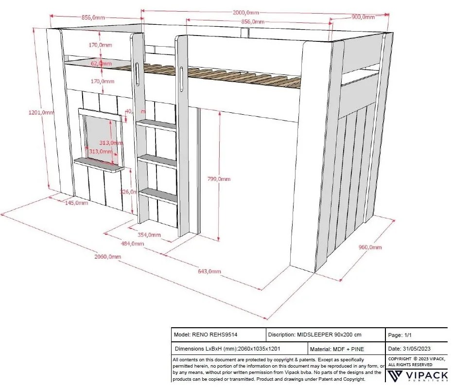 Pat pentru copii alb înalt din lemn masiv de pin 90x200 cm RENO – Vipack