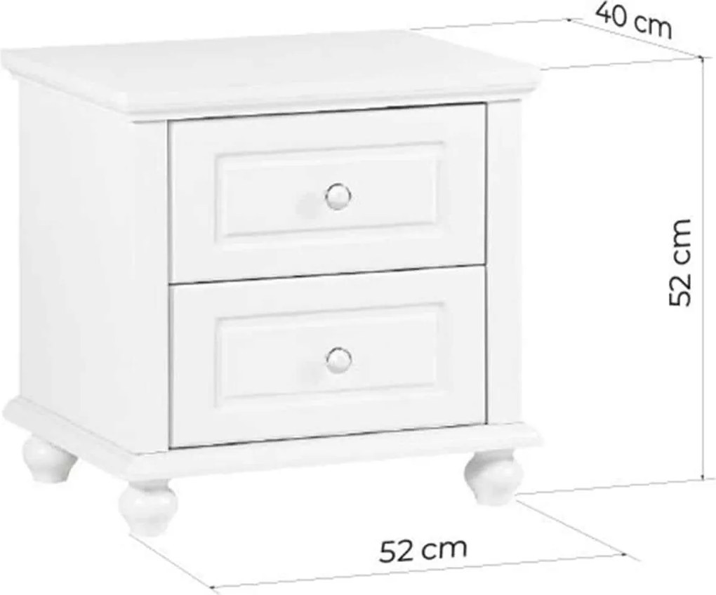 Noptieră lemn masiv alb Elizabeth 2 sertare, 52 × 40 × 52 cm