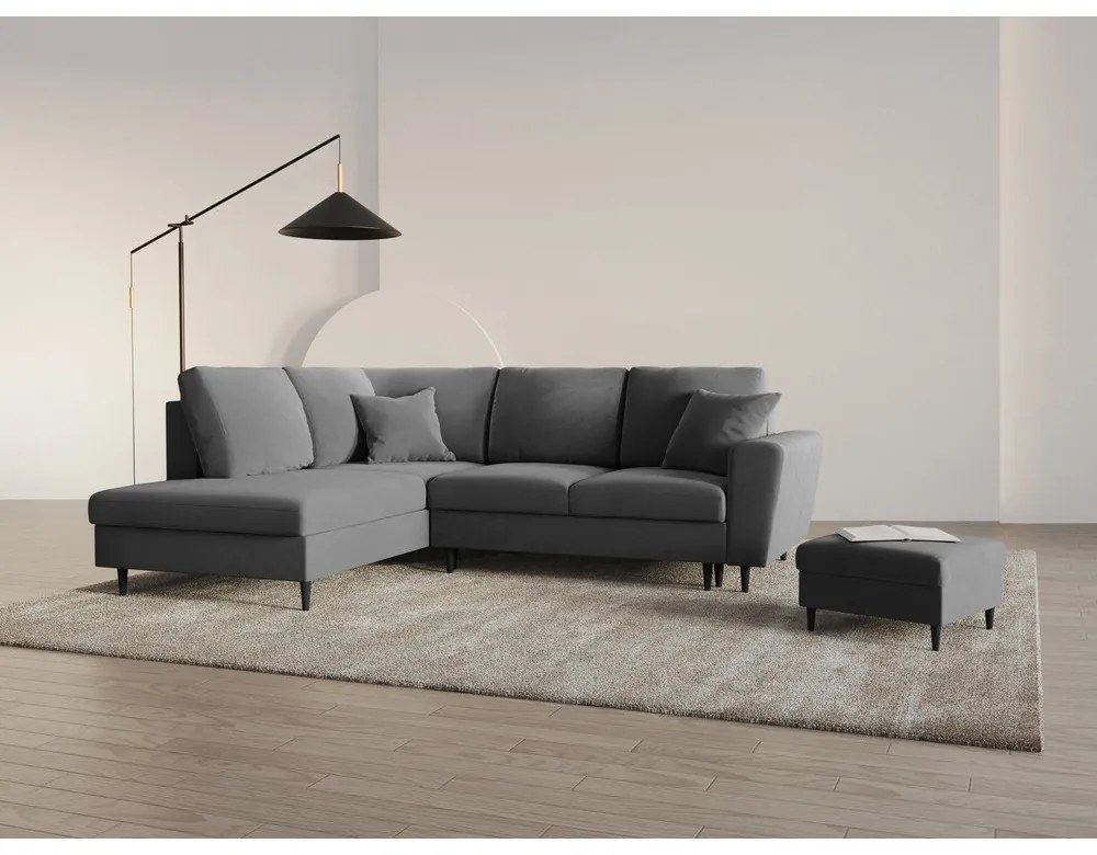 Colțar gri deschis extensibil, cu spațiu de depozitare cu tapițerie din catifea (cu colț pe partea stângă-în formă de ”L”) Kyoto – Cosmopolitan Design