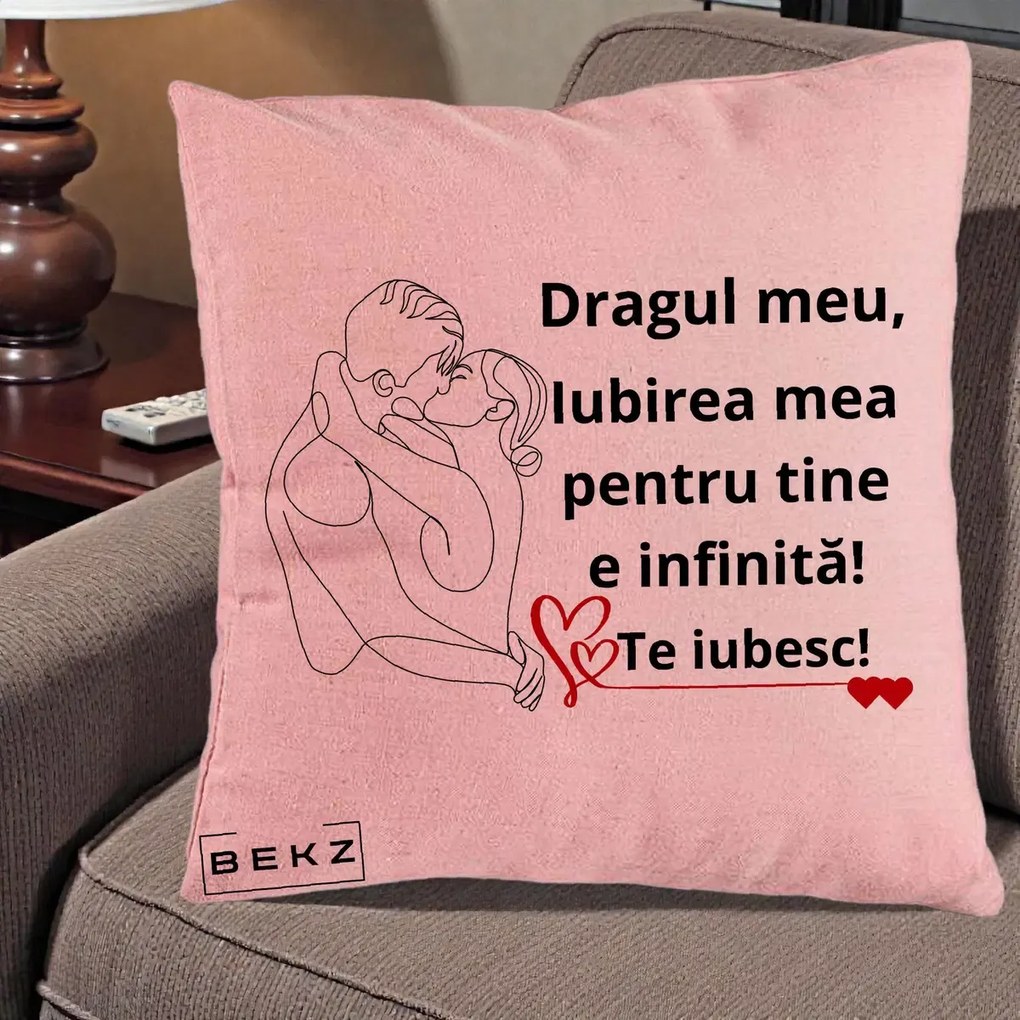 Cadou pentru Iubit - Perna Personalizata Dragul Meu Iubirea Mea pentru Tine e Infinita Te Iubesc, 40x40 cm, Roz, Husa Detasabila, Perna Inclusa, BEKZ®