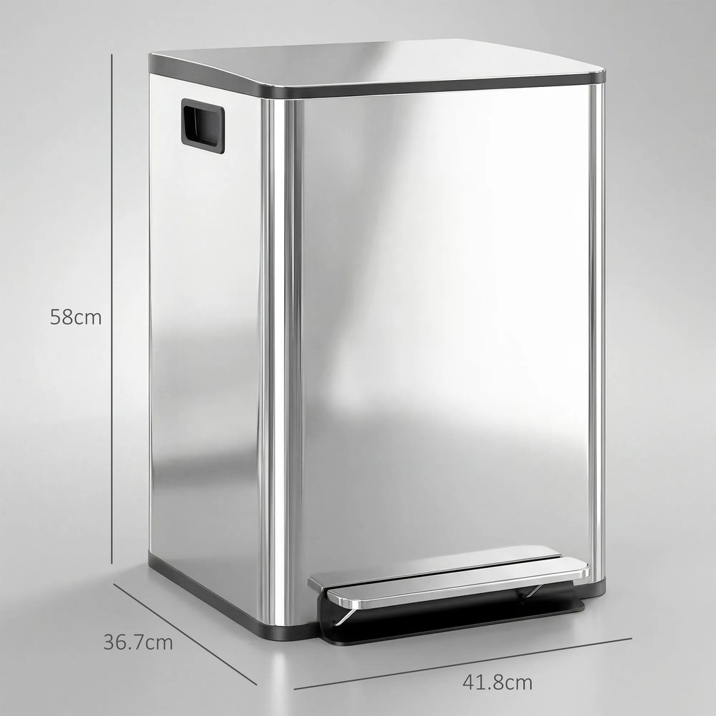 HOMCOM Coș de Gunoi cu 2 Secțiuni, cu Pedală și Capac cu Închidere Lentă, Coș de Deșeuri, 41.8x36.7x58 cm, Argintiu | Aosom Romania
