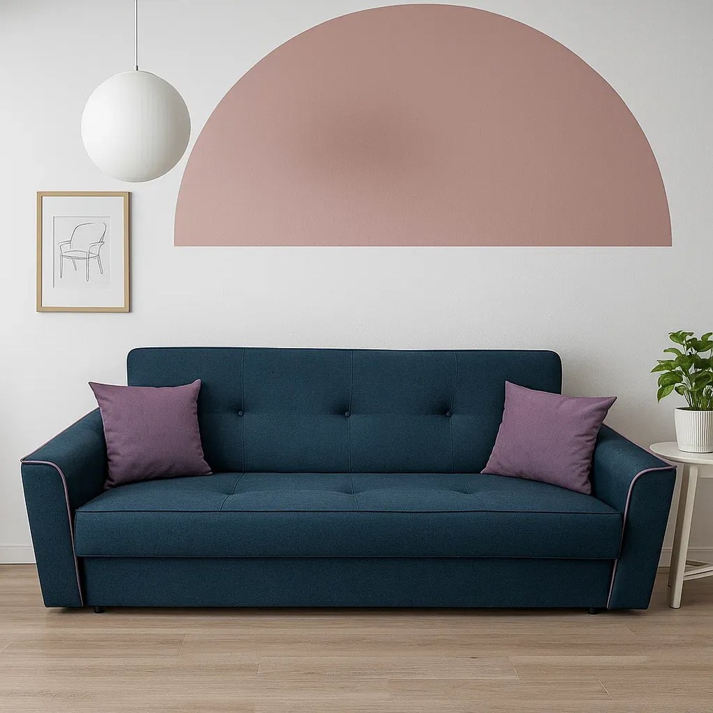 Canapea VERA extensibila, 3 locuri, lada de depozitare, stofa bleumarin + mov, 225x90x90 Bleumarin + Mov, Stofa