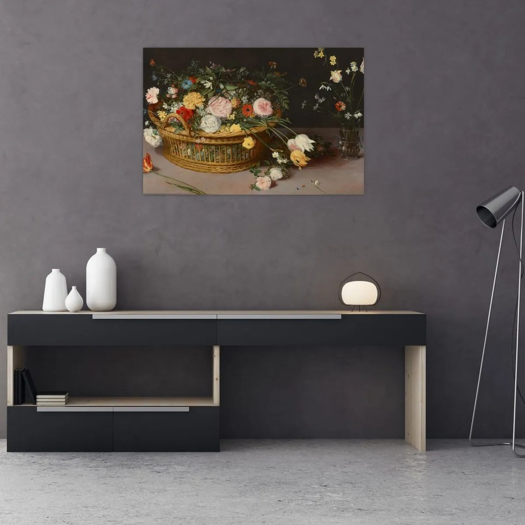 Tablou - Jan Brueghel the Elder, Flowers in a Basket and a Vase, reproducere (90x60 cm)