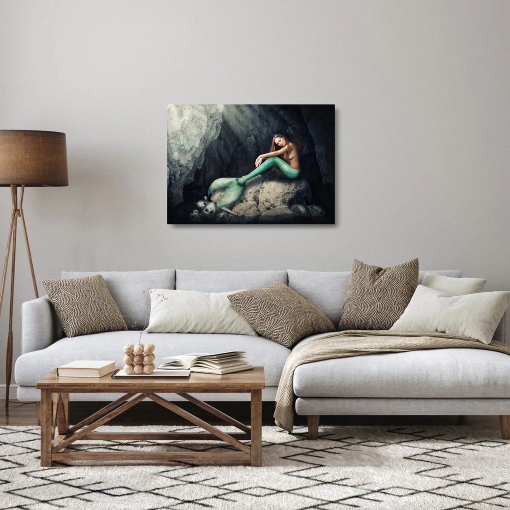 Tablou pe sticlă - Sirena pe stâncă (70x50 cm)