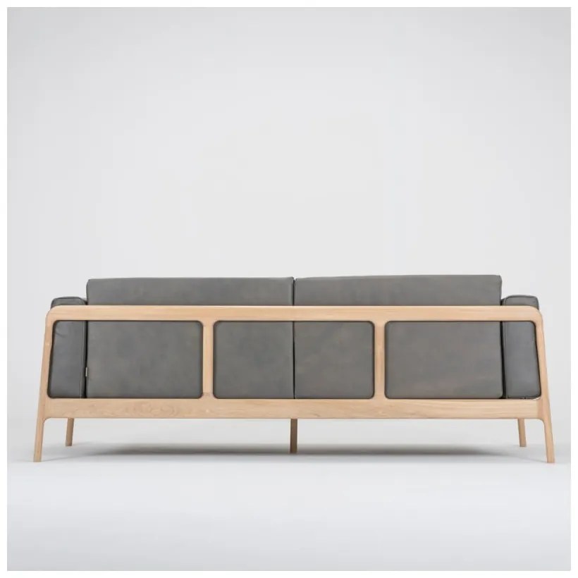 Canapea din piele bovină cu structură din lemn masiv de stejar Gazzda Fawn, 210 cm, gri închis