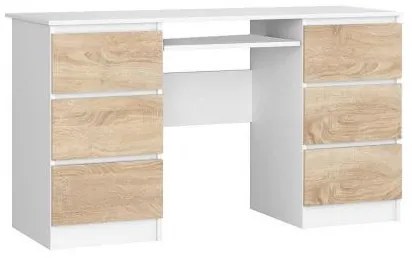 Birou calculator, placa laminata, 6 sertare, 1 raft, alb si stejar, 135x50x77 cm