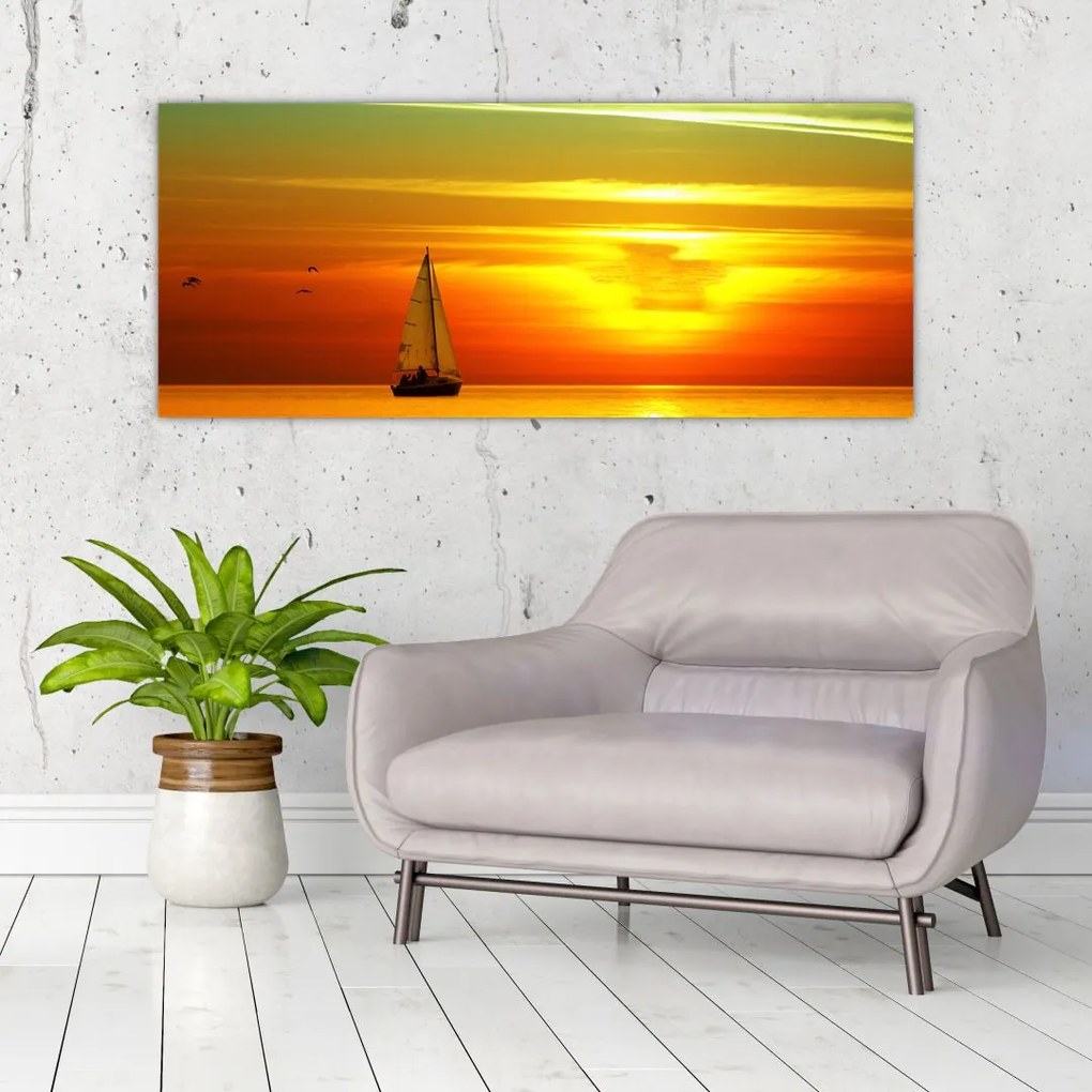 Tablou cu apus de soare și iaht (120x50 cm)