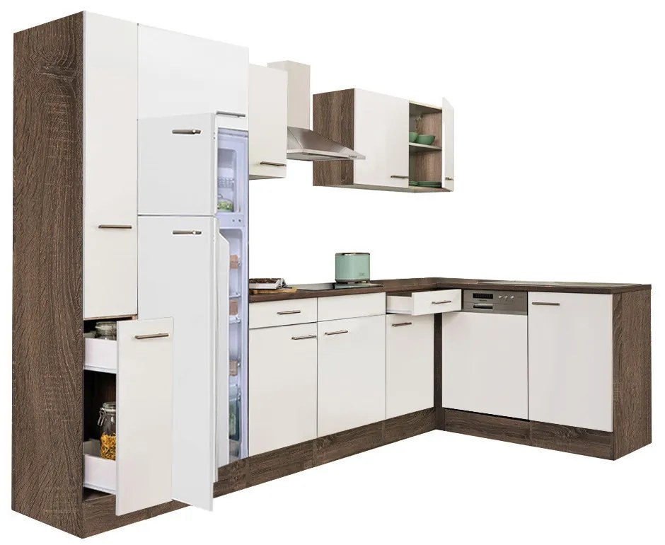 Mobilă de bucătărie de colț Yorki 310, corp din stejar Yorki, față alb satinat, frigider cu congelator superior