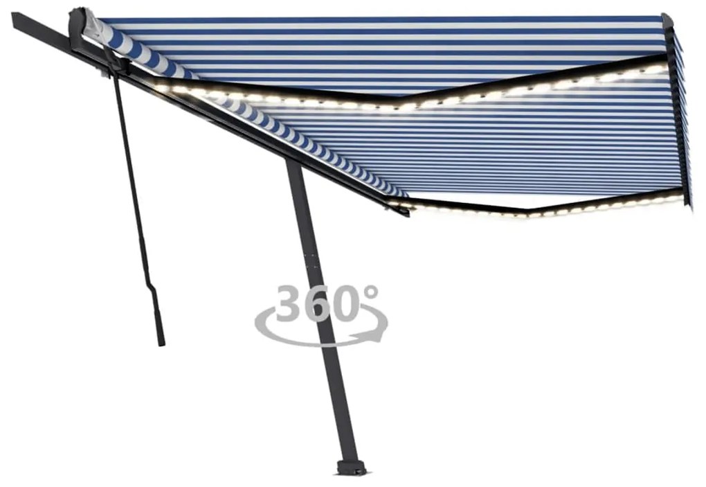 vidaXL Copertină retractabilă manual cu LED, albastru&amp;alb, 500x300 cm