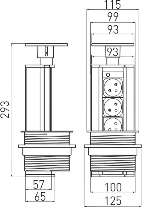 Priză încorporabilă în blat GTV, 3 prize Schuko, negru, D:100 mm Aluminiu, Negru, D:100 mm