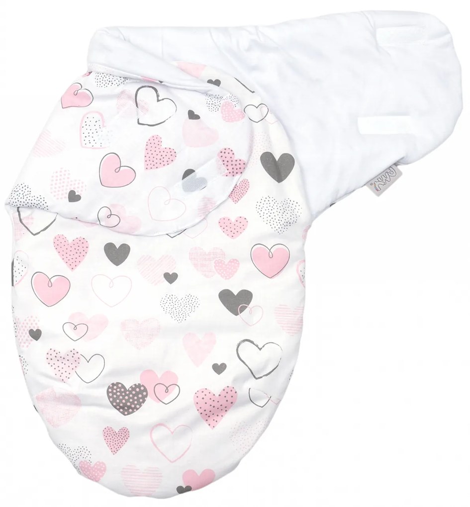 Sistem de infasare Baby swaddle Inimioare Bumbac Alb, Amy, 72x60 cm