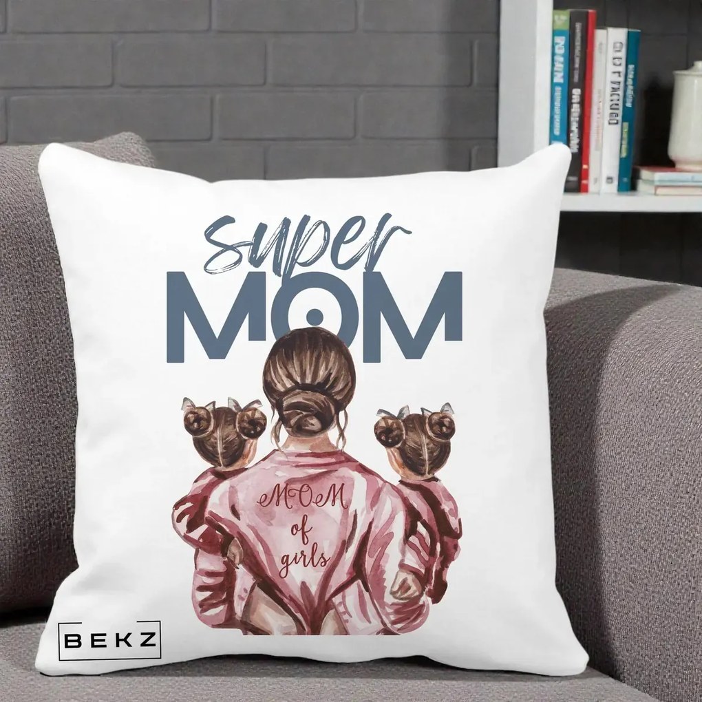 Cadou pentru Mama - Perna Personalizata Super Mom of Girls Mama cu Gemene, 40x40 cm, Alba Mata, Husa Detasabila, Perna Inclusa, BEKZ®