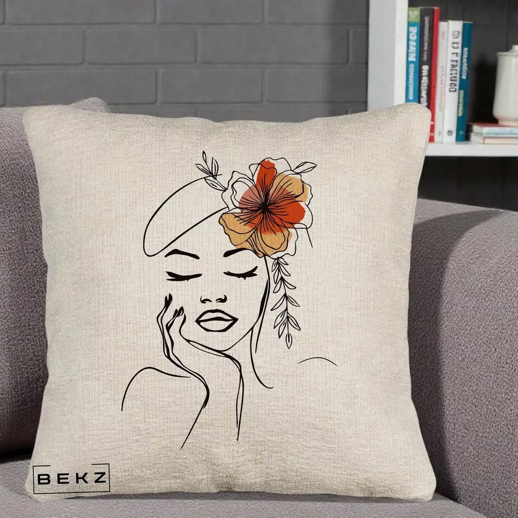 Perna Decorativa Portret Feminin Flori Palarie, 40x40 cm, Bej Canapea, Husa Detasabila, Perna Inclusa, BEKZ®