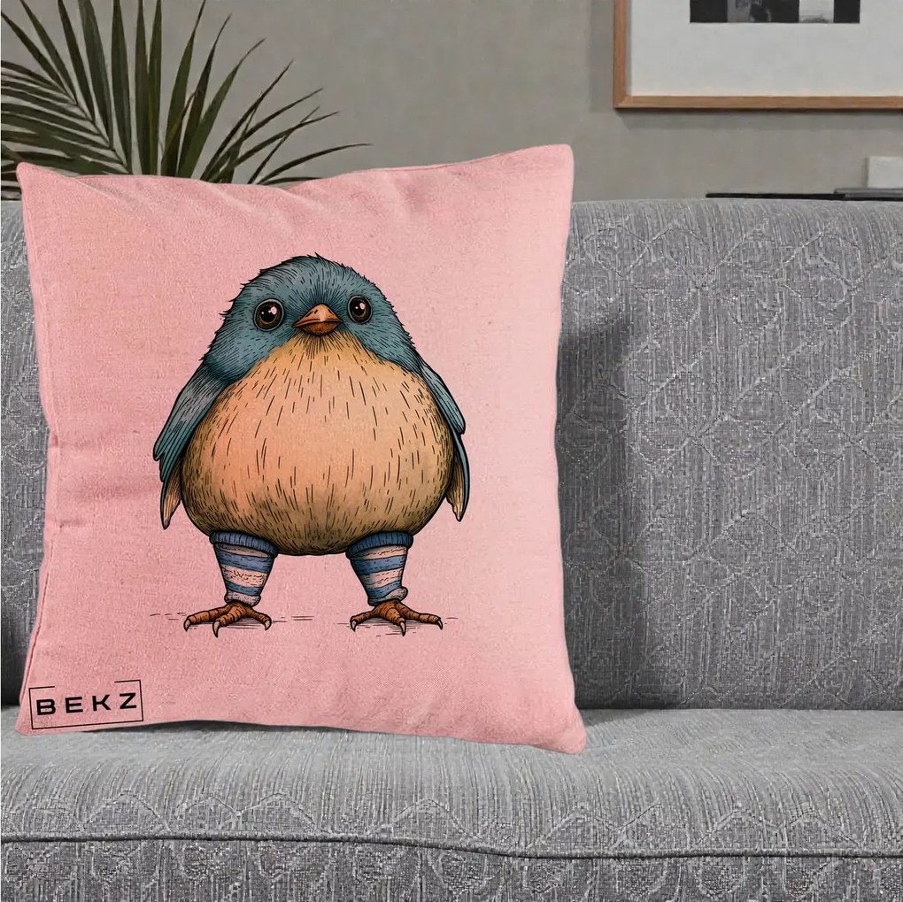 Perna Decorativa Pasare Albastra cu Sosete Albastre, 40x40 cm, Roz, Husa Detasabila, Perna Inclusa, BEKZ®