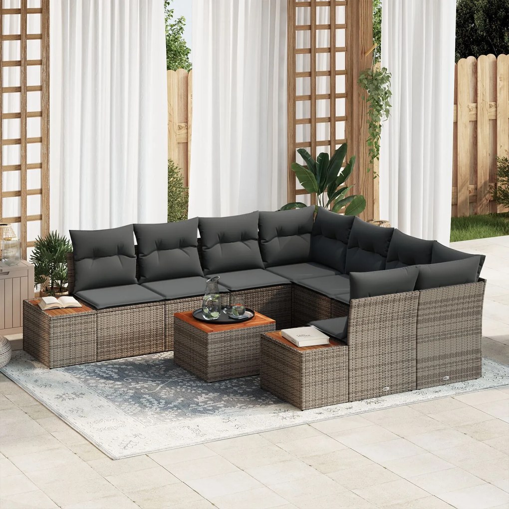 vidaXL Set de canapea de grădină cu 9 piese și perne gri din rattan poly acacia