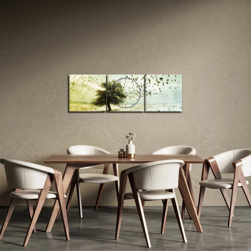 Tablou - cu multe păsări pictate (cu ceas) (90x30 cm)