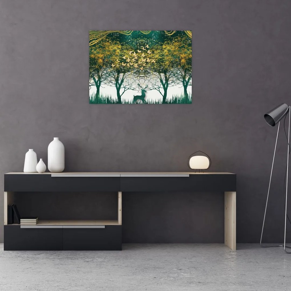 Tablou pe sticlă - Căprioare în pădurea verde (70x50 cm)